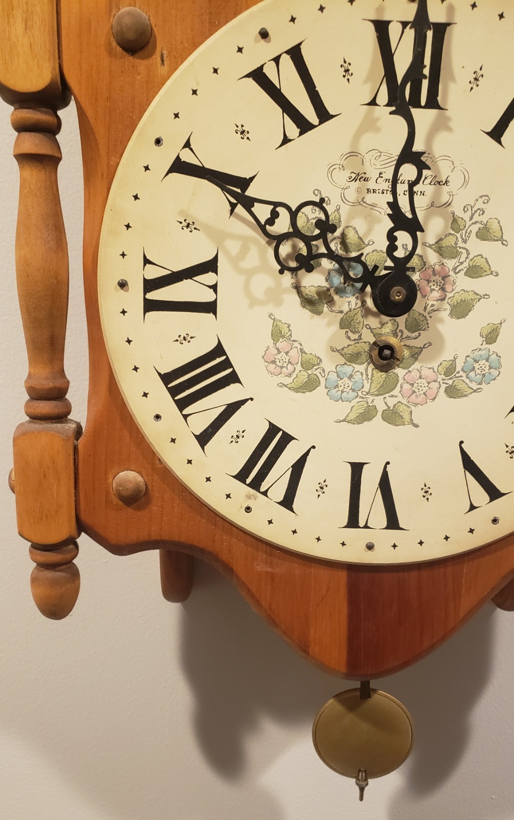 New England Clock Company Pendulum Driven Scroll Clock W/ Key.