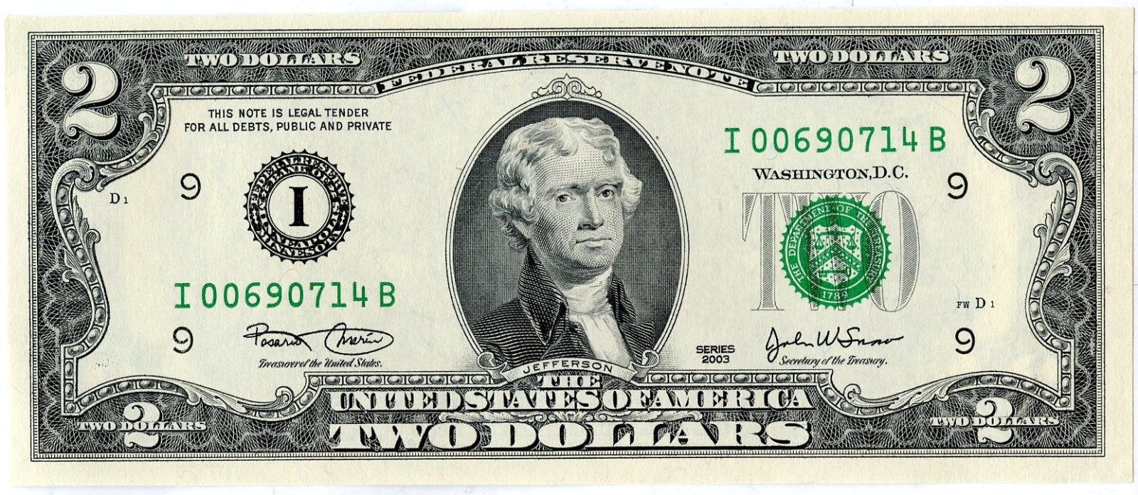 U.S.A $2 2 Dollar Uncirculated  BANKNOTE 2003