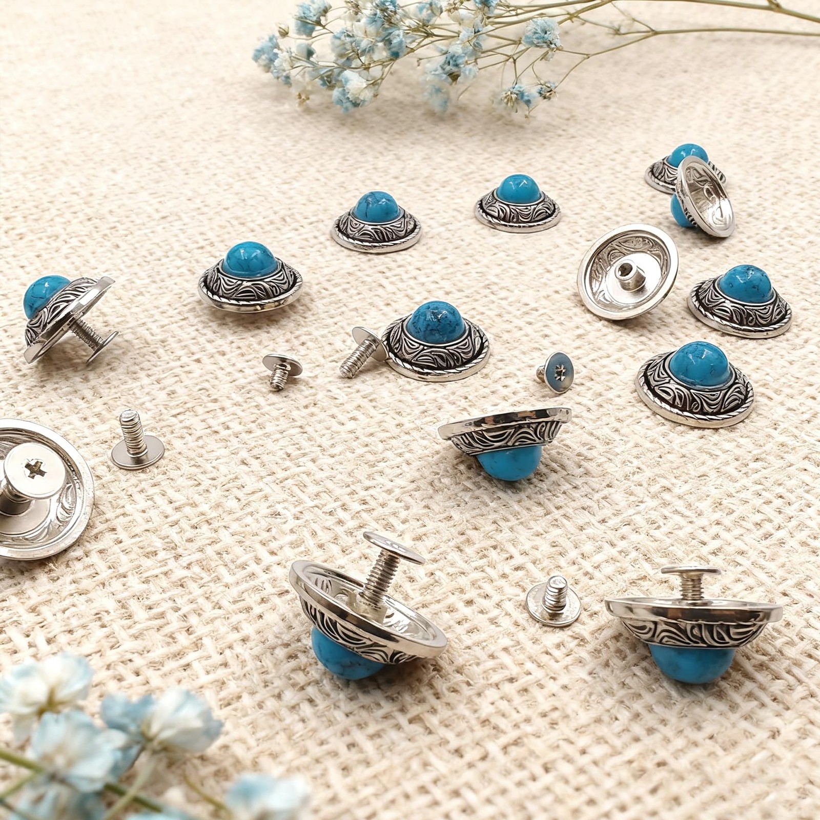 20 PCS Blue Turquoise Conchos Decorative Buckle Round Metal Screw Back