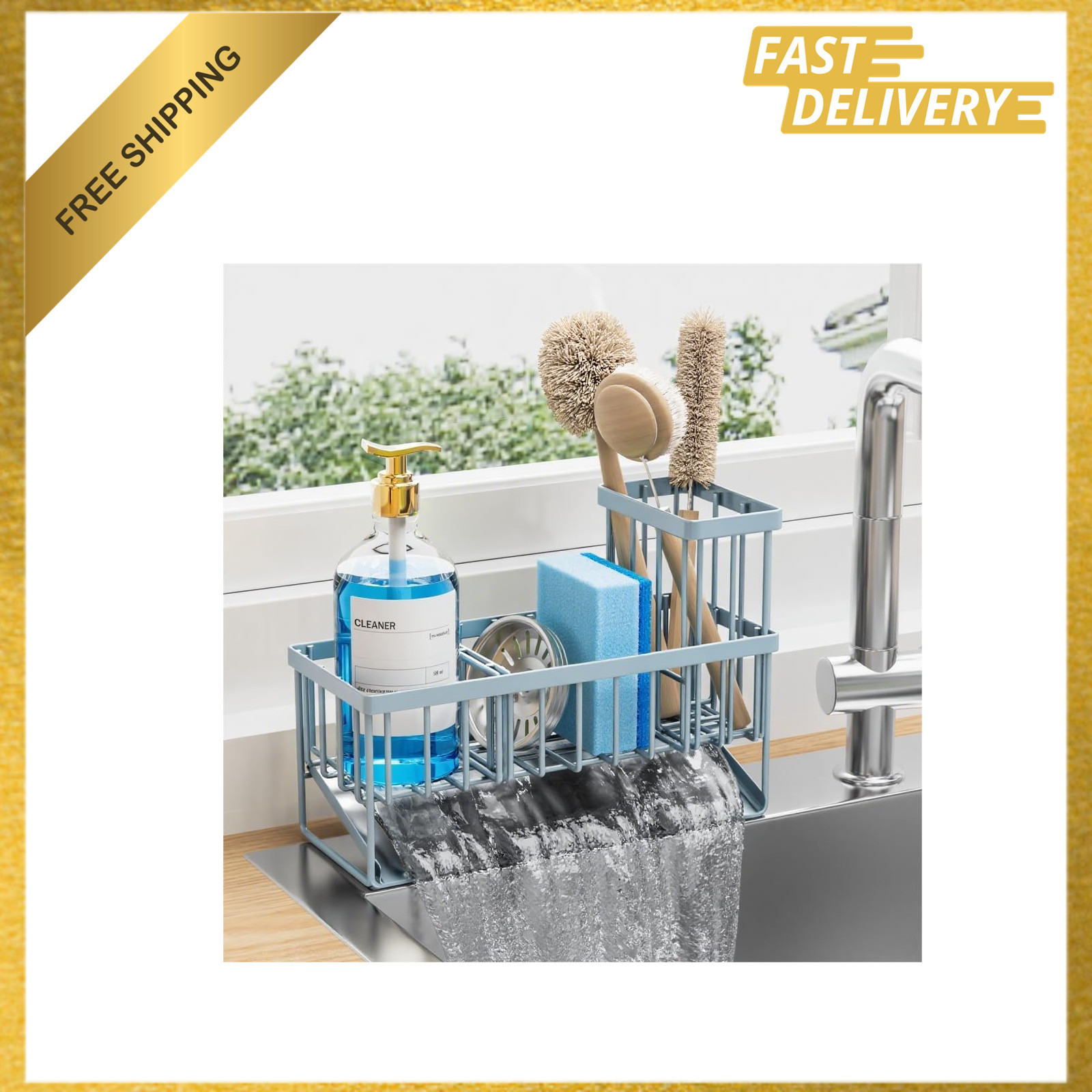 Sink Caddy Organizer with High Brush Holder Stainless Steel Gray Blue Kitchen