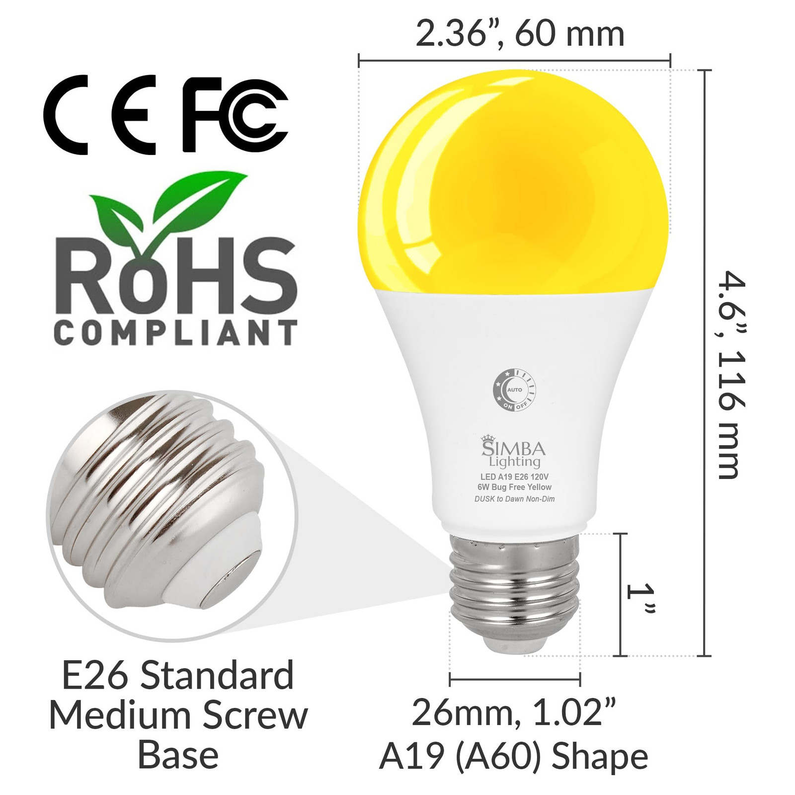 [2 Pack] LED Bug Repelling Amber Bulb 6W / 40W with Dusk-to-Dawn Sensor E26 Base