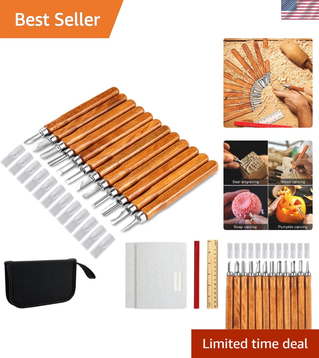 Ergonomic 20-Piece Wood Carving Kit with Sharp Carbon Steel Knives & Accessories
