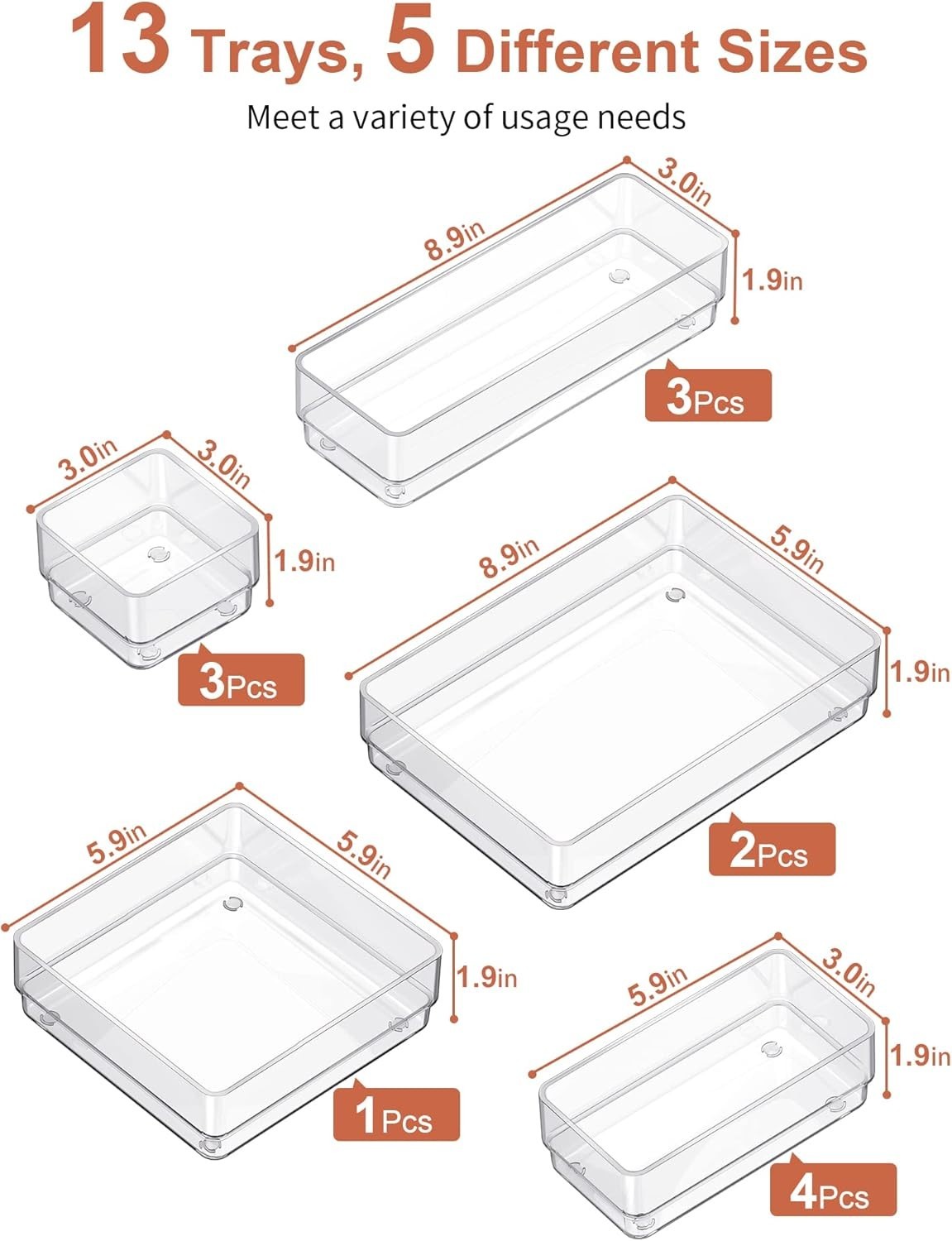 Clear 13-Piece Stackable Drawer Organizer with 5 Sizes for Ultimate Storage