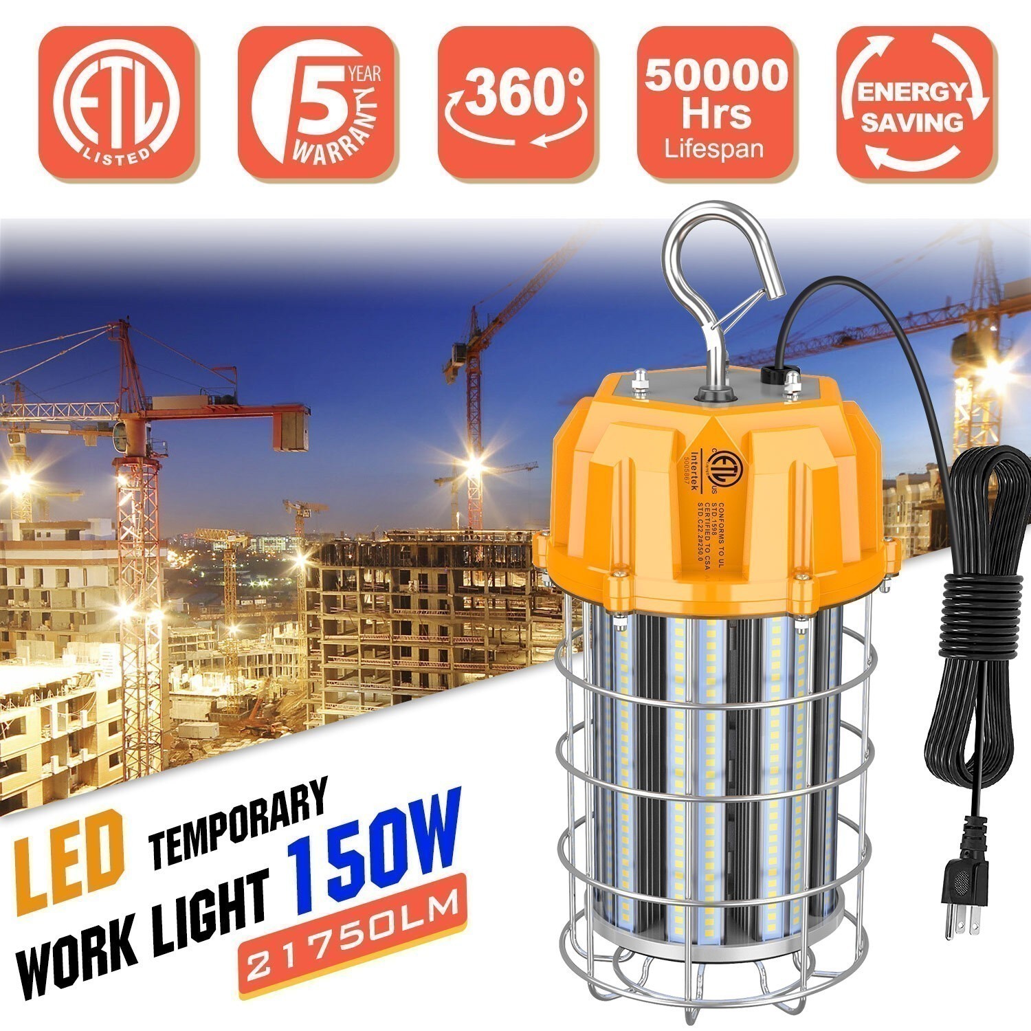 LED Construction High Bay Light 150W 22500LM Indoor Outdoor Temporary Work Light