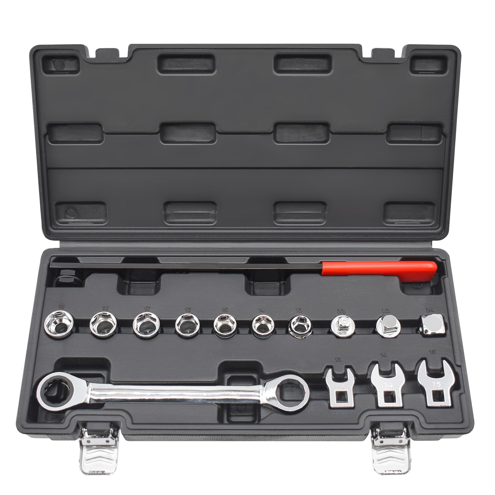 Yuesstloo 15PCS Serpentine Belt Tool Kit Ratcheting Wrench Set Black Case