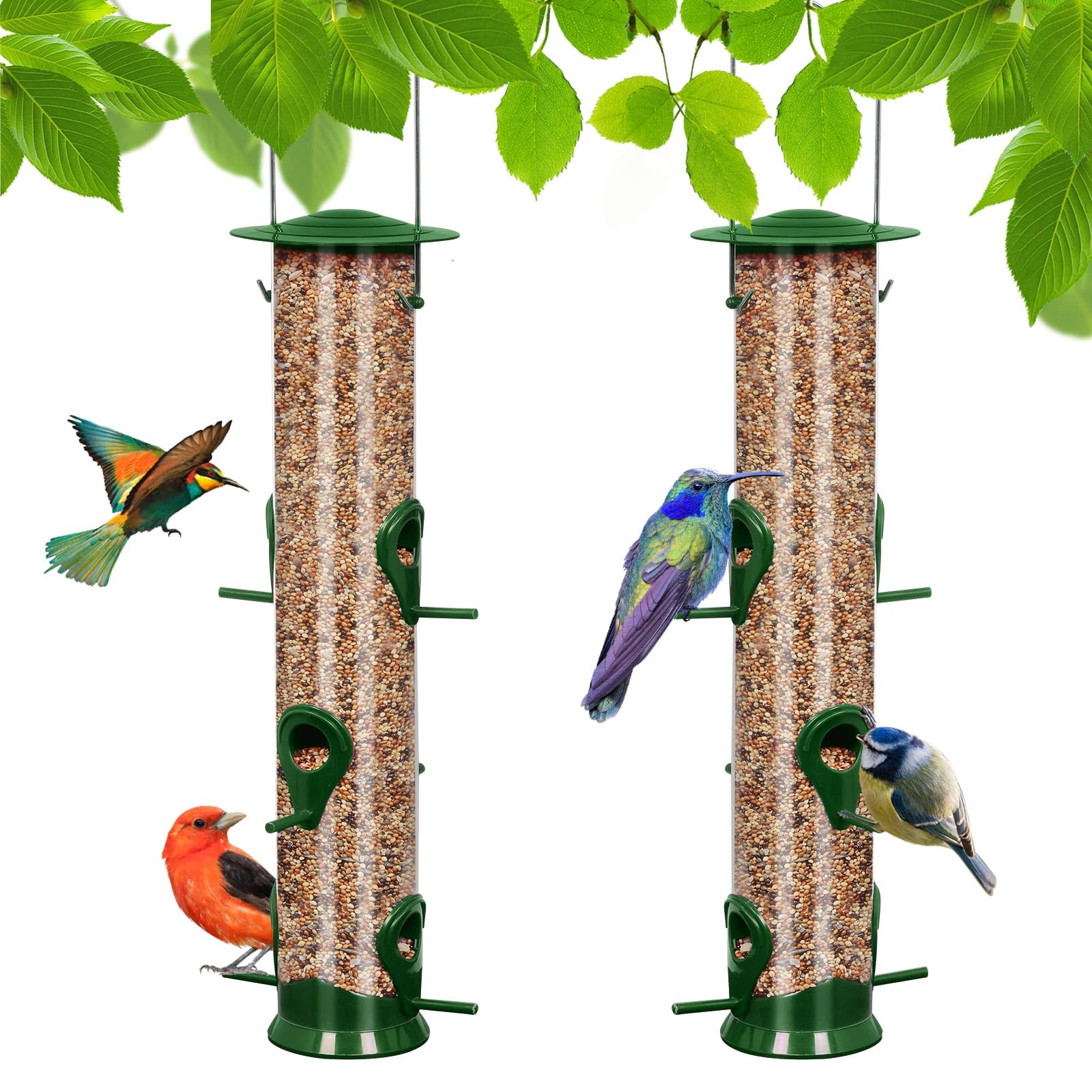 2 Packs Green Bird Feeder Tube Hanging Feeders, 6 Port Wild 2Packs-green