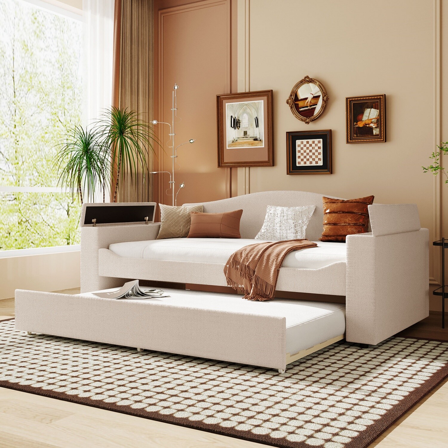 Twin Size Daybed Bed Frame Sofa Bed w/ Trundle Bed & Storage Armrests & USB Port