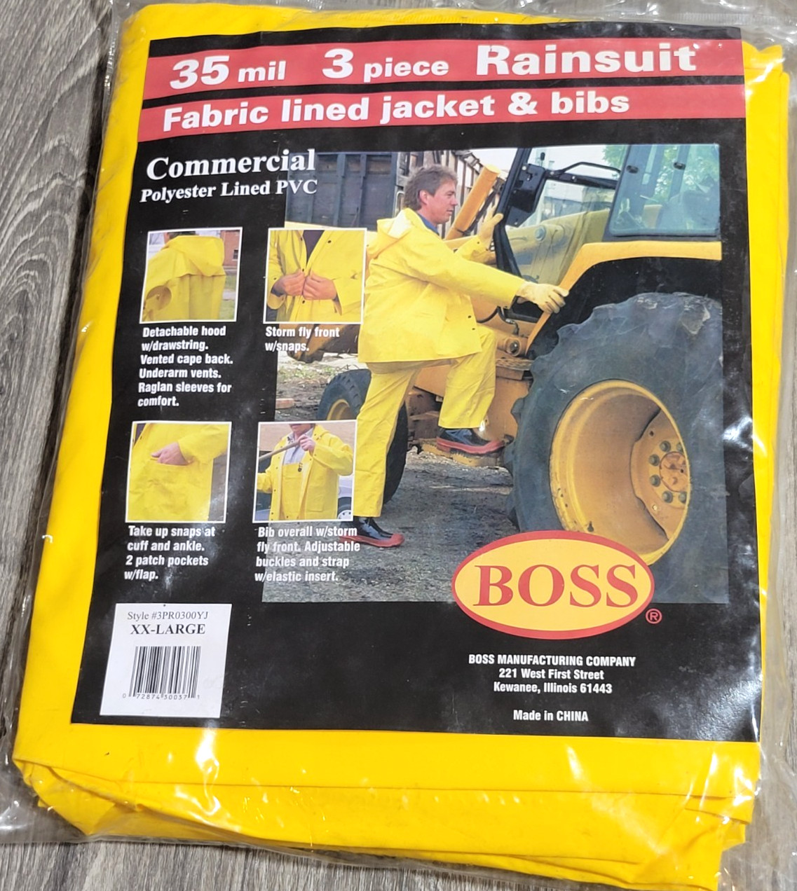 3 PC Rainsuit COMMERCIAL 35 mil Fabric Lined Jacket & Bibs XXL, Yellow