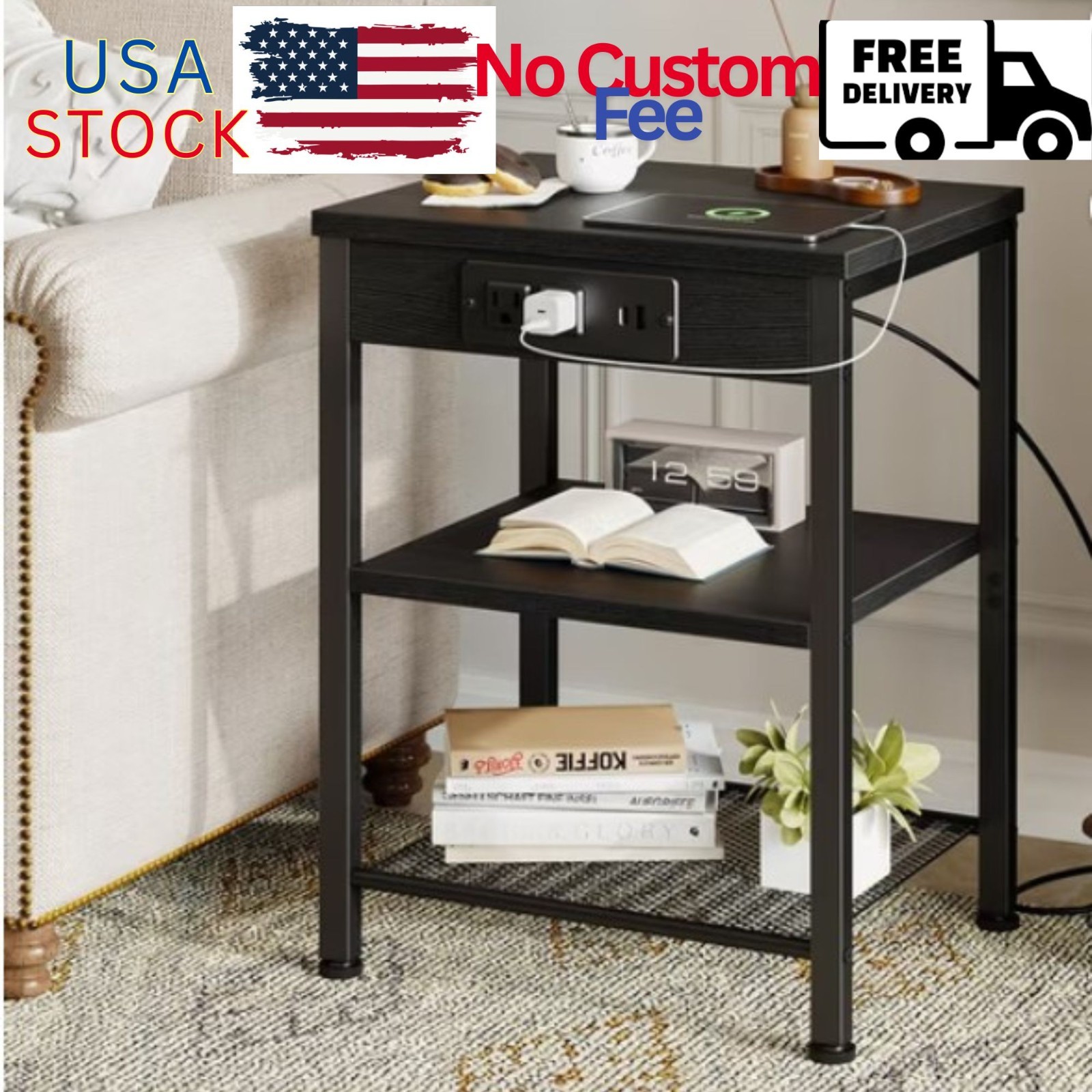 15.7" Small Side Table Set of 2 with Charging Station, End Table with Outlets...