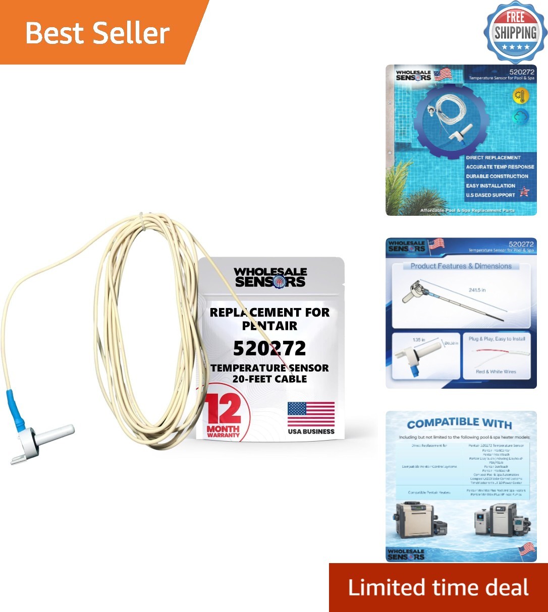 OEM Replacement Temperature Sensor for Pentair Systems - 20FT Cable Included