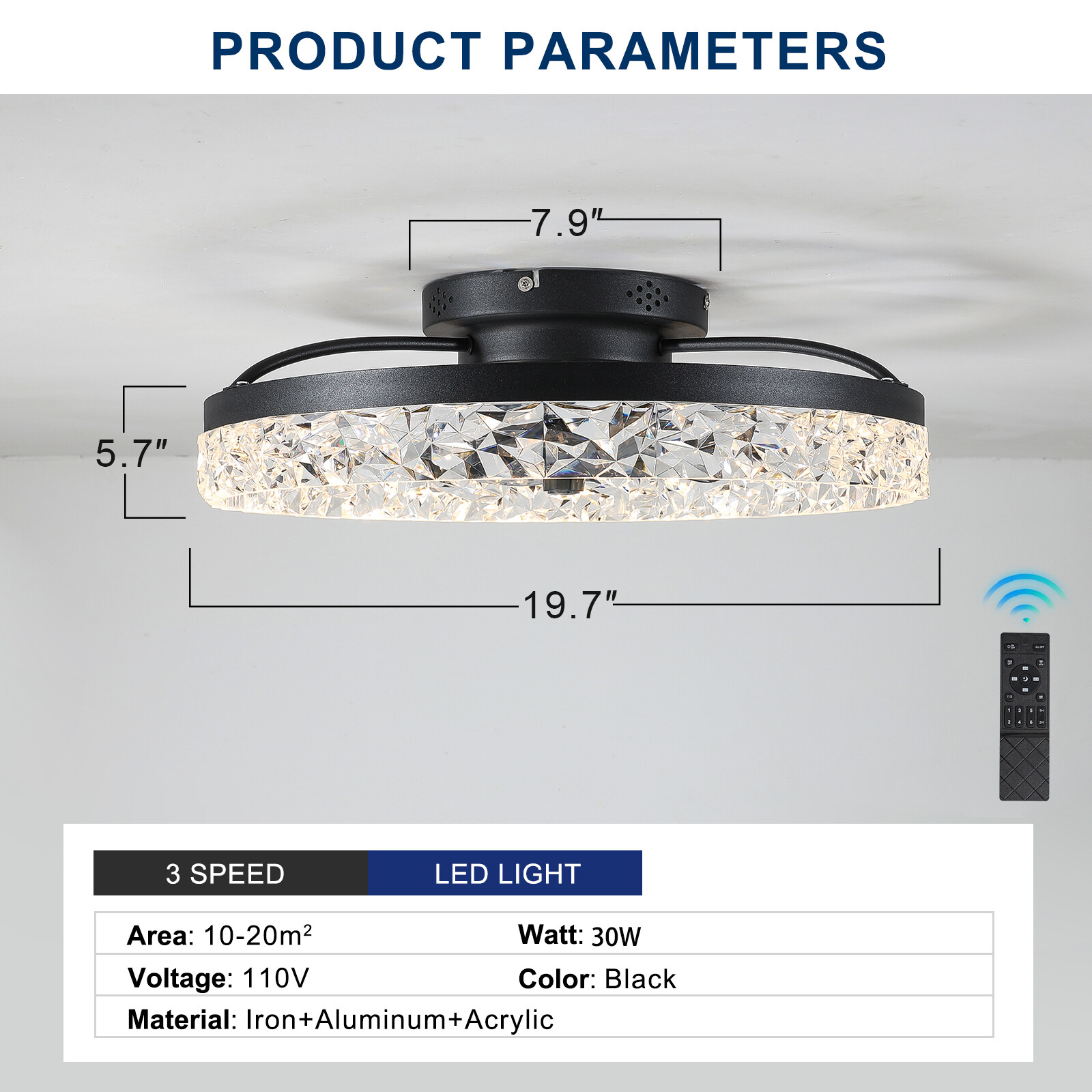 20" Modern Fan Lights Flush Mount LED Ceiling Light kit With APP Remote Control