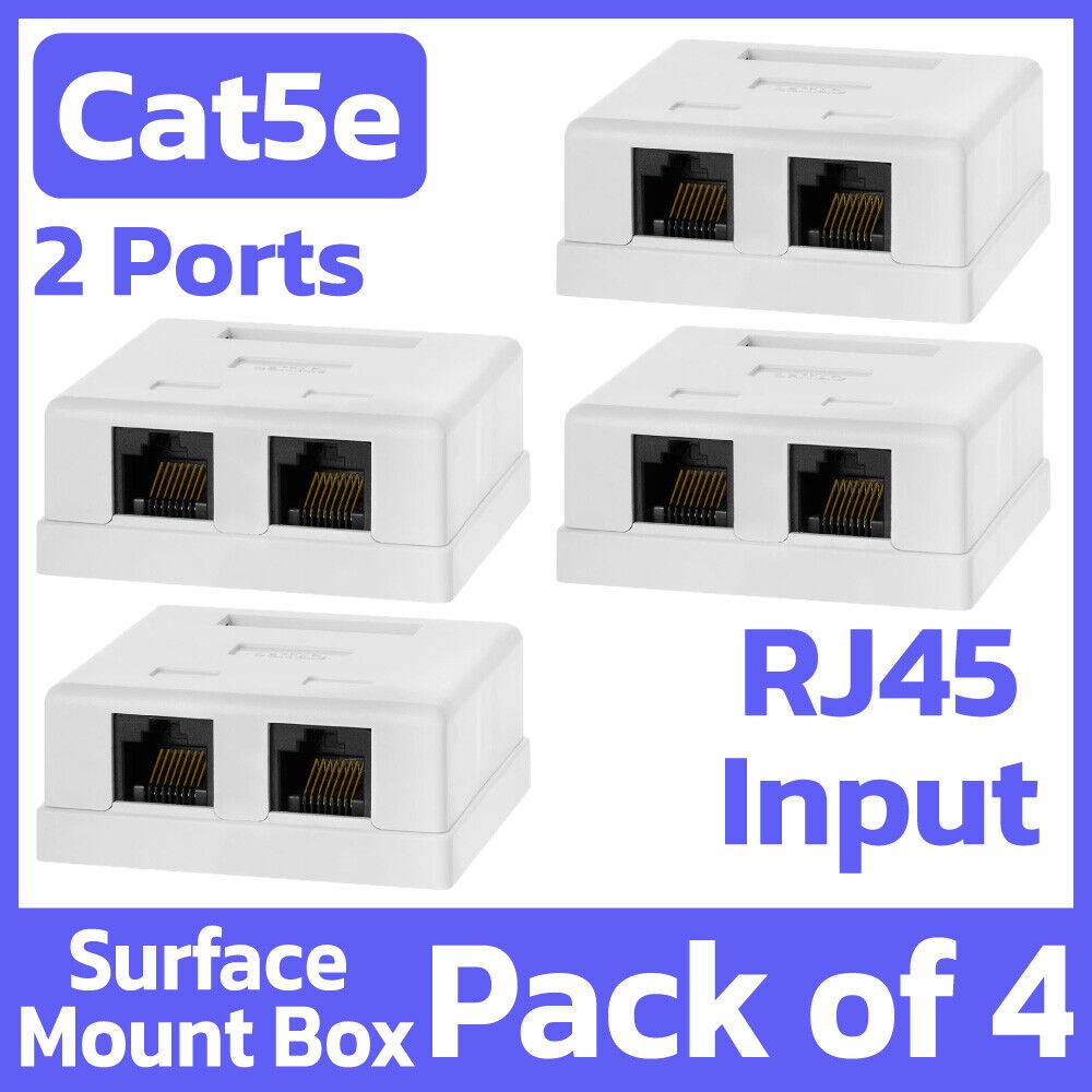 4 Pack RJ45 Surface Mount Box 2 Port Wall Mount Cat5e Ethernet Connector - White
