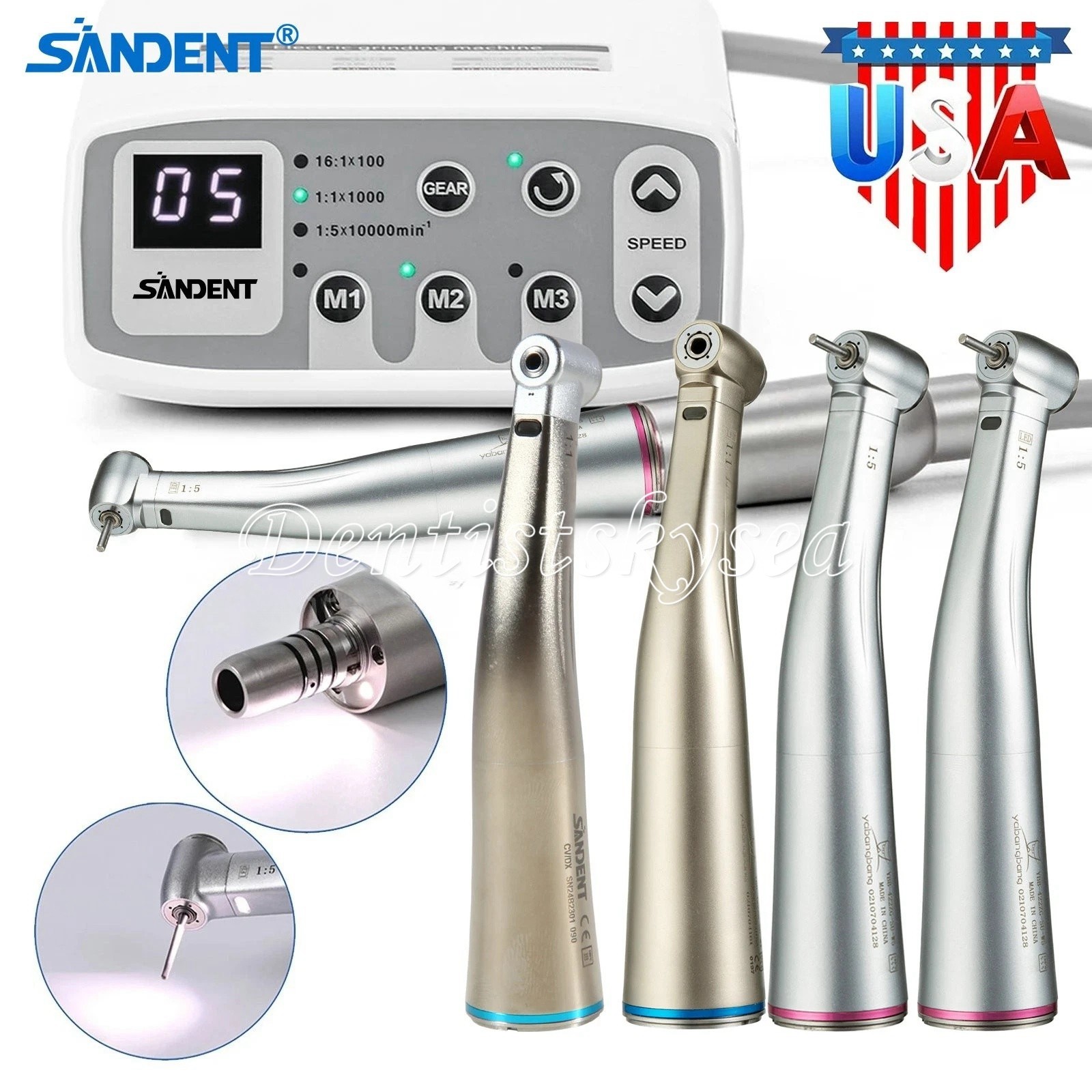 Dental LED Brushless Electric Micro Motor /1:1/1:5 Contra Angle Handpiece USA