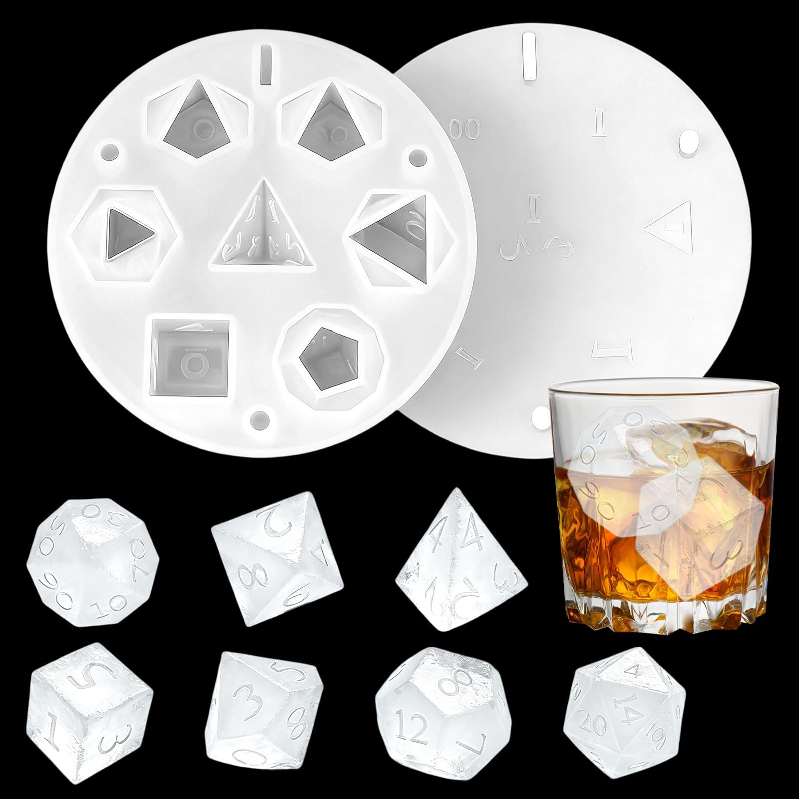 7 Shapes DND Dice Ice Cube Mold for Whisky, DND 3D Dice Mold Silicone Ice Cub...