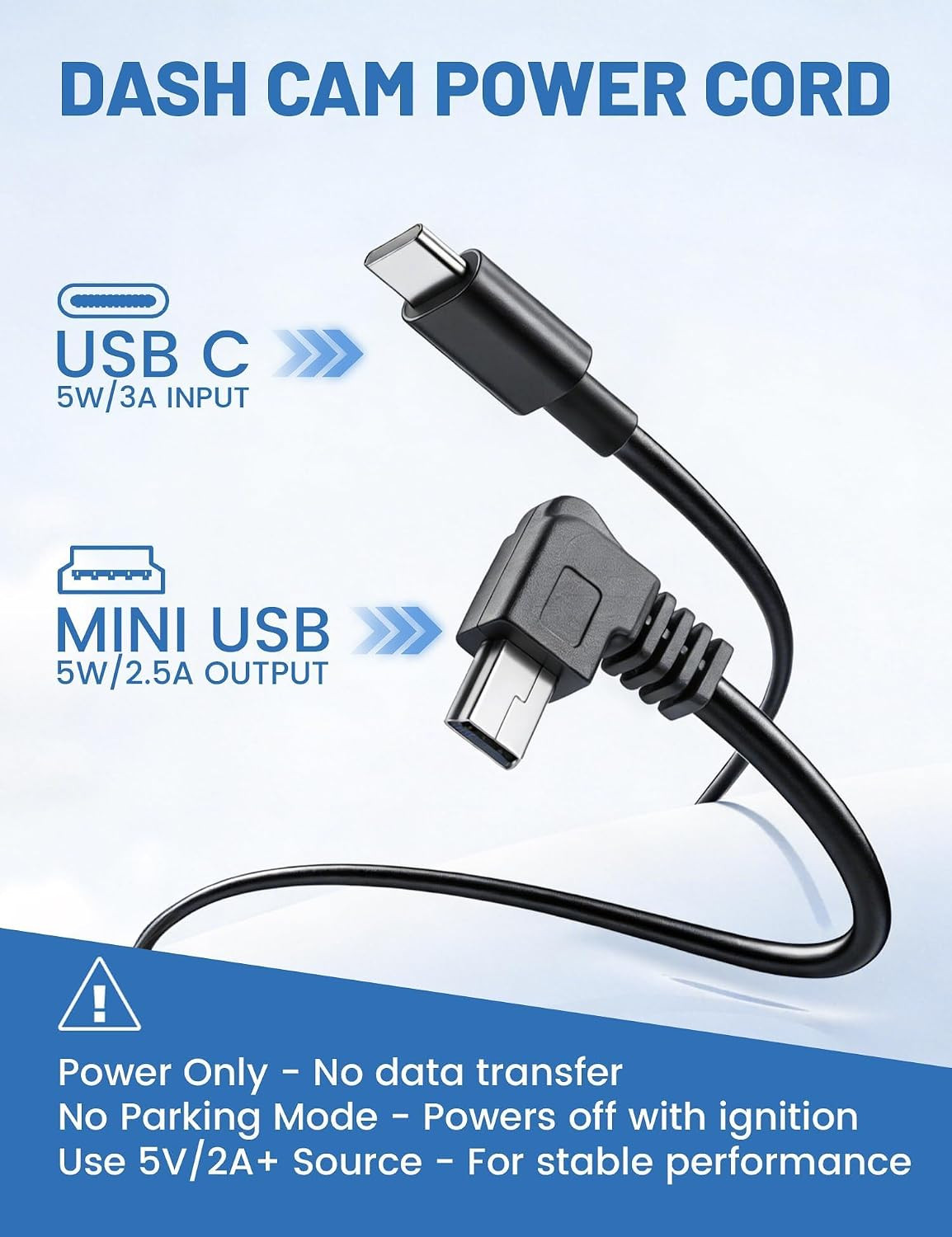 Mini USB Dash Cam Power Cord 10Ft, USB-C to Left Angle Mini-B Cable