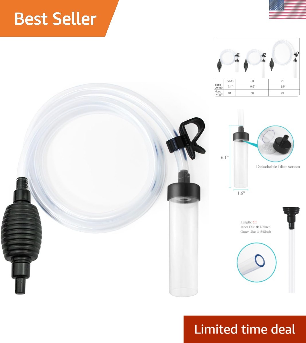 Aquarium Siphon Vacuum Cleaner 5ft-S - Lightweight, Effective Fish Tank Cleaner