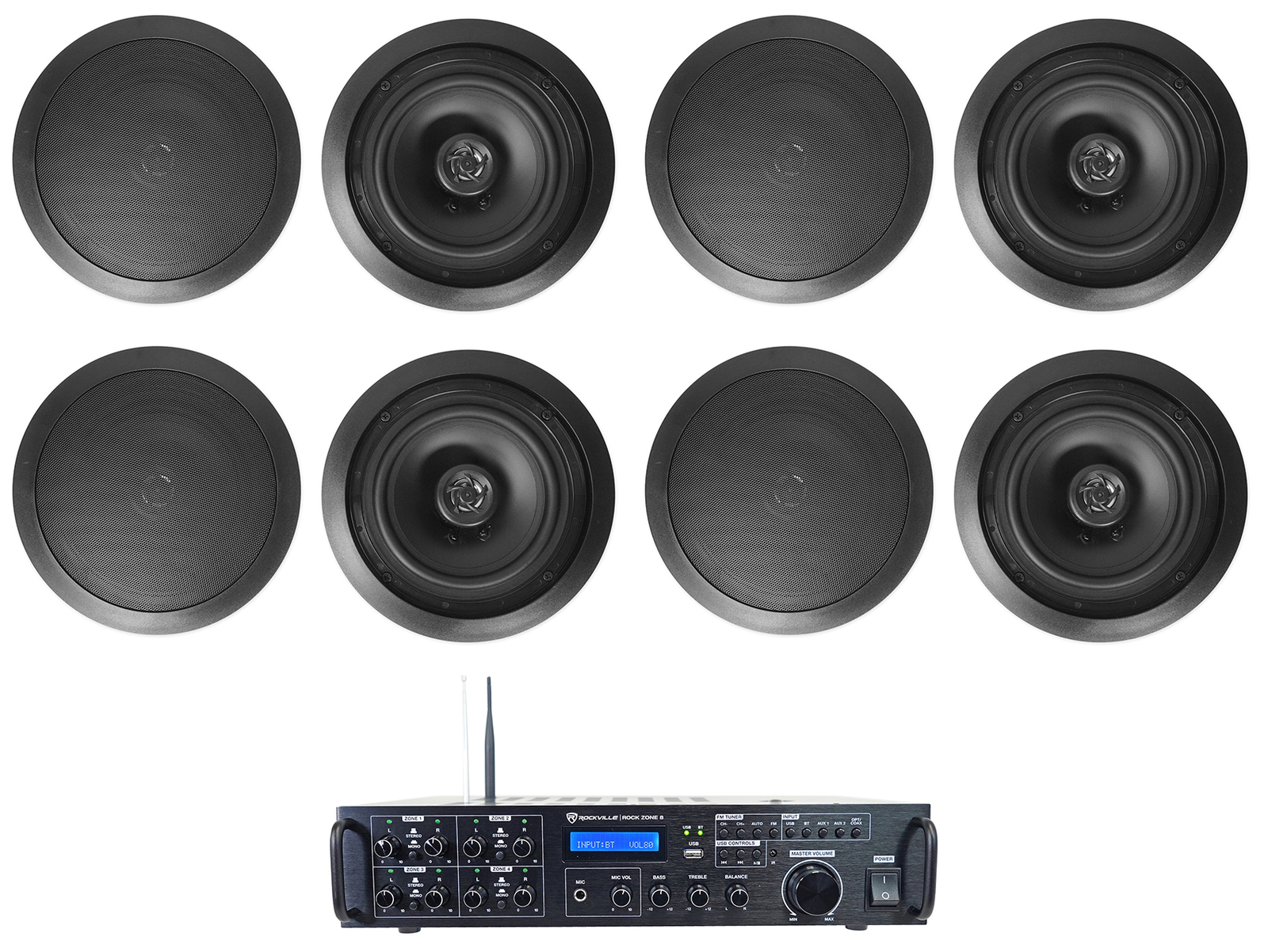 Rockville Rock Zone 8 Channel Multi Room Receiver+8) 6.5" Black Ceiling Speakers