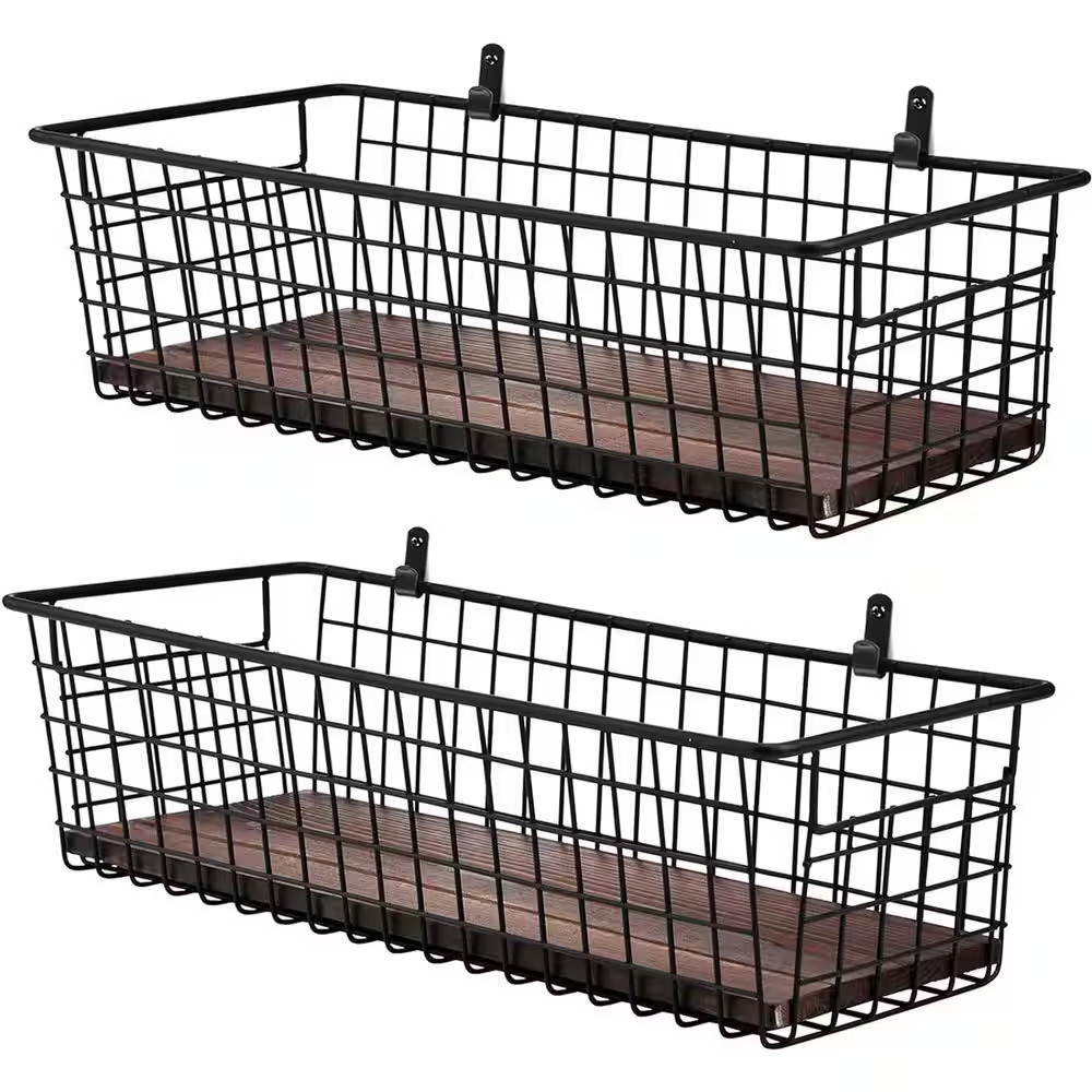 Black 16.5 In. X 3.5 In. Metal Decorative Basket Set of 2 with Handles