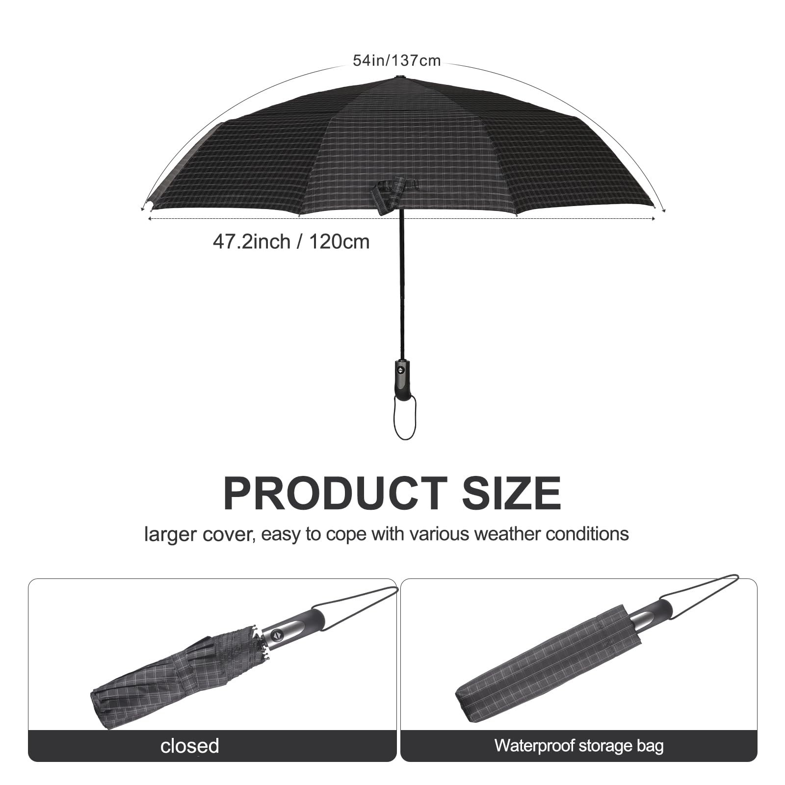 54 Inch Large Compact Umbrella Auto Open Close - 3 Folding Portable for Rain