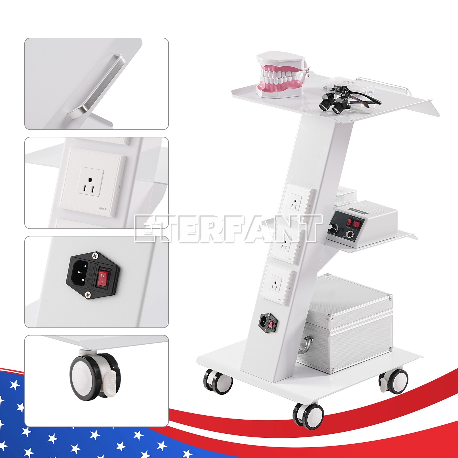 Mobile 3 Layer Medical Tool Cart Dental Trolley Instrument Cart+Socket+4 Casters
