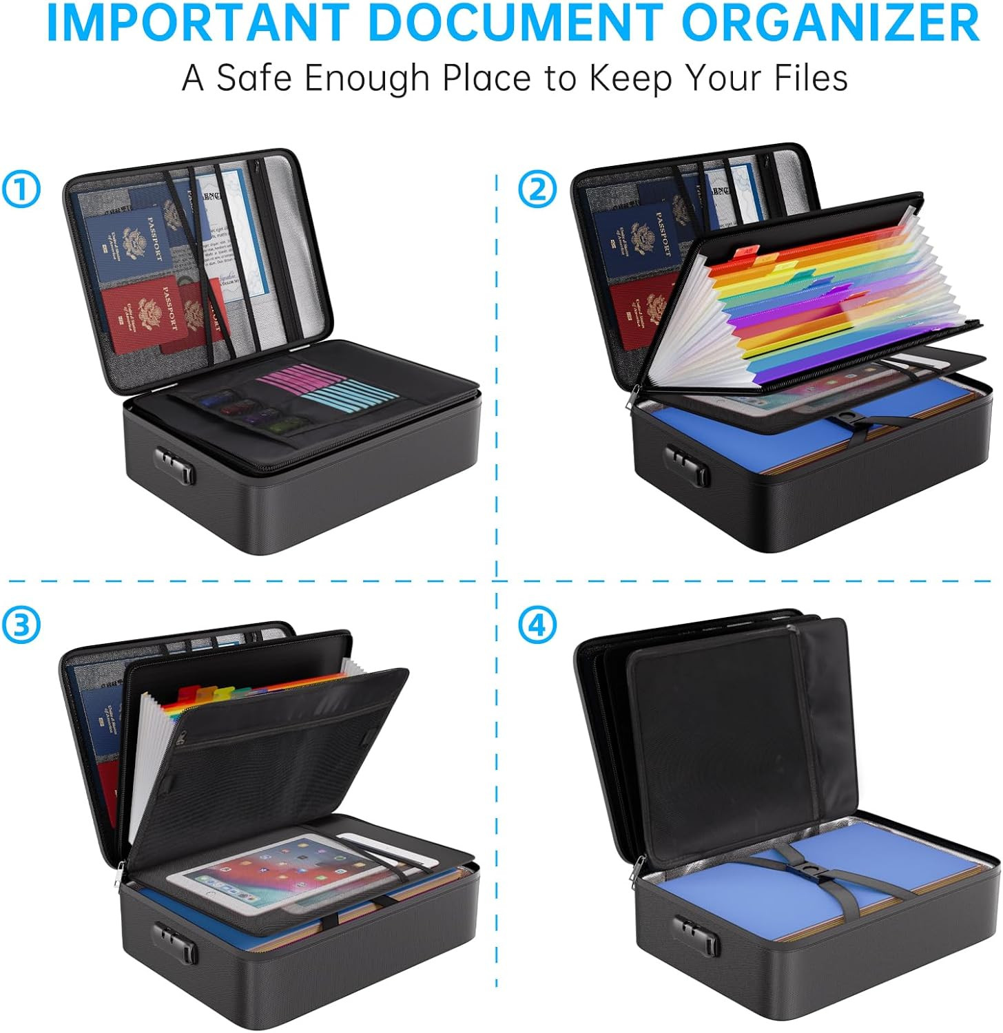 Fireproof Document Organizer Bag with 13 Pockets and Lockable Storage