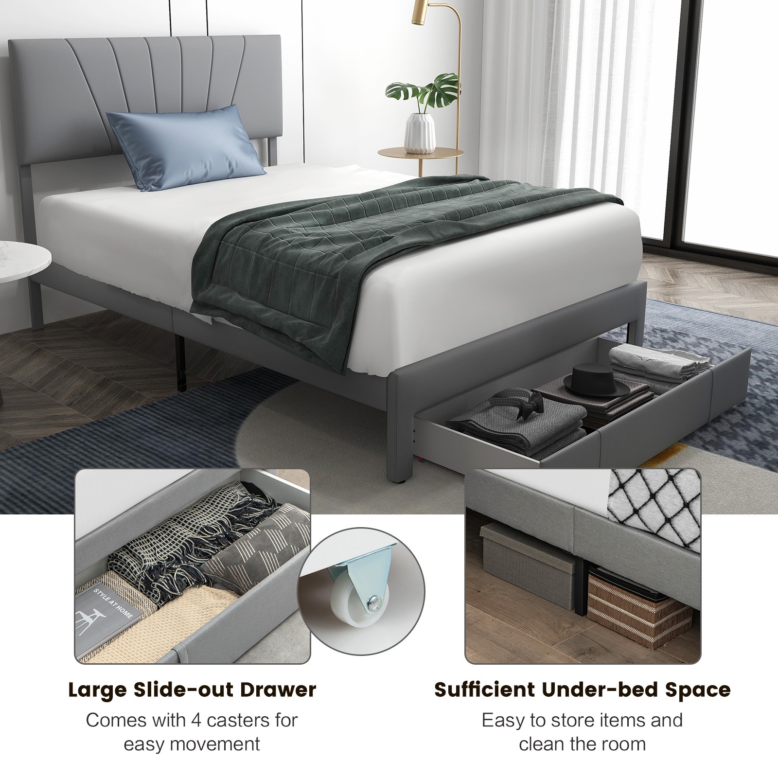 Full Upholstered Bed Frame Platform Bed w/ Drawer& Adjustable Headboard Grey