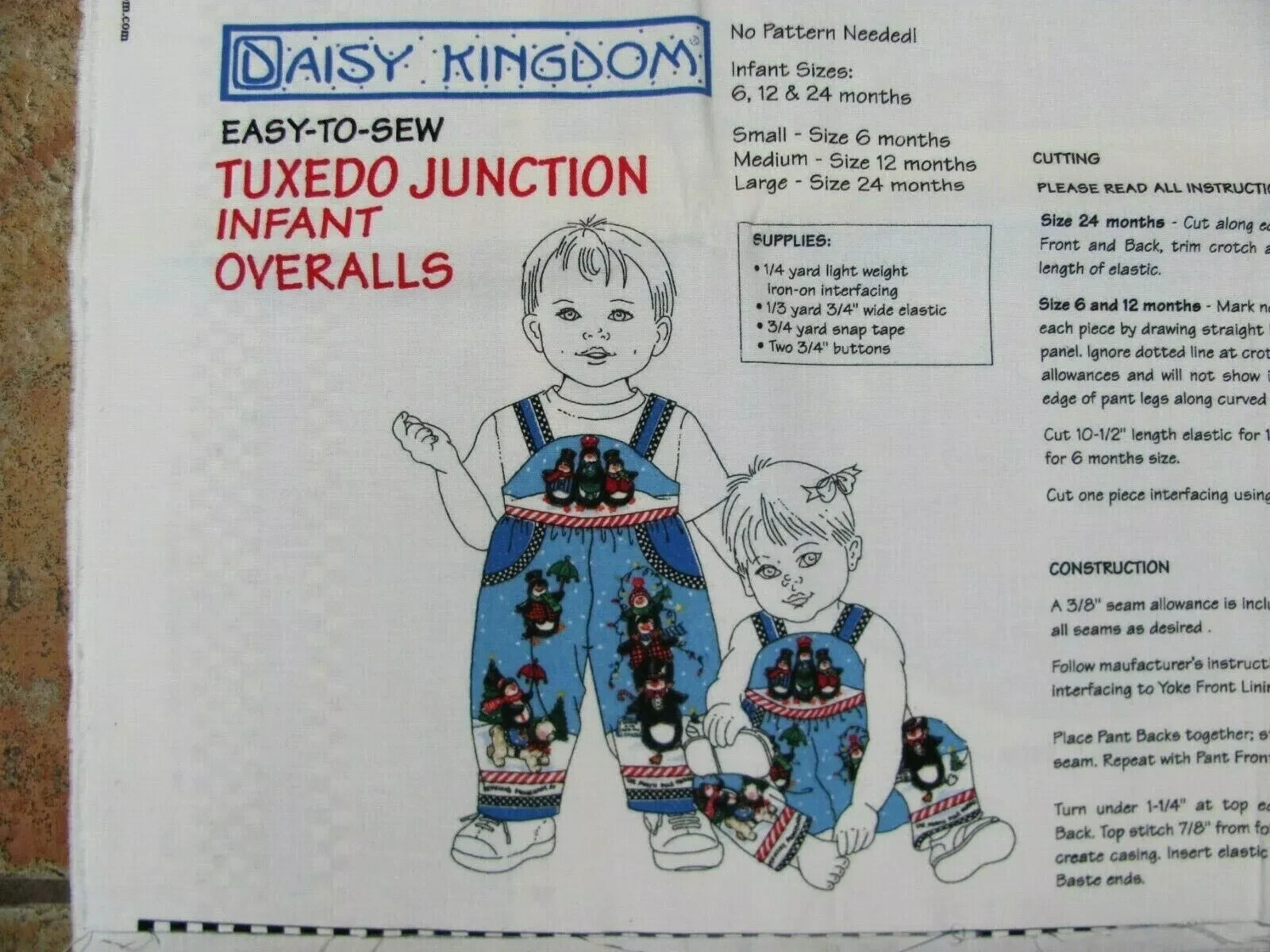 Daisy Kingdom Easy to Sew Tuxedo Junction Overalls Christmas Penguin 6-24 Months