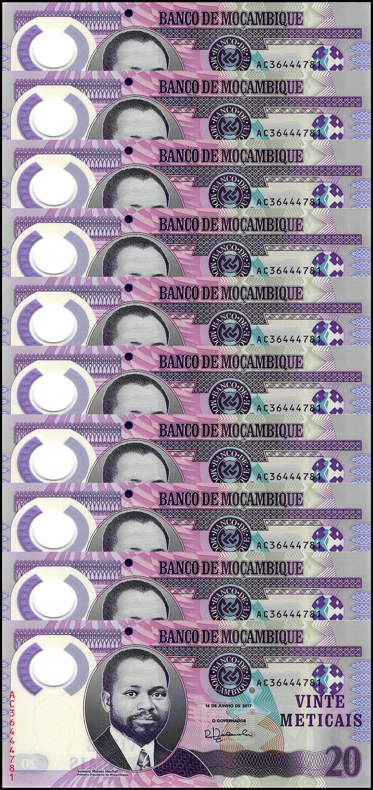 Mozambique 20 Meticais, 2017, P-149b, UNC, Polymer X 10 PCS