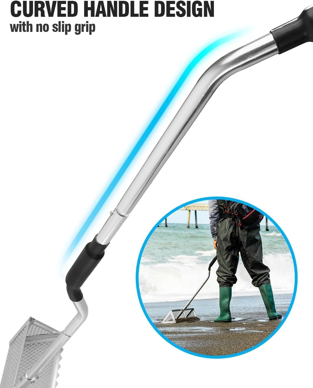 Efficient Sand Flea Rake, Wide Basket Design, 52" Handle