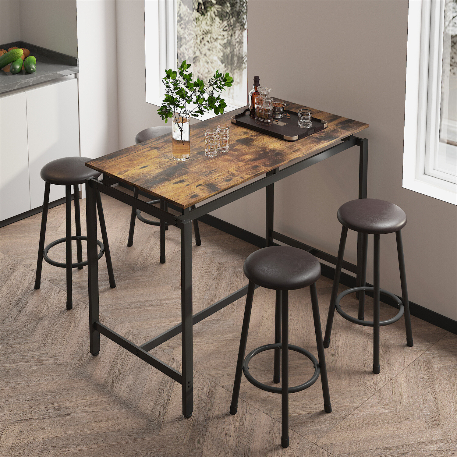 3/5 Piece Bar Table Set Counter Height Kitchen Dining Pub Table with Bar Stools