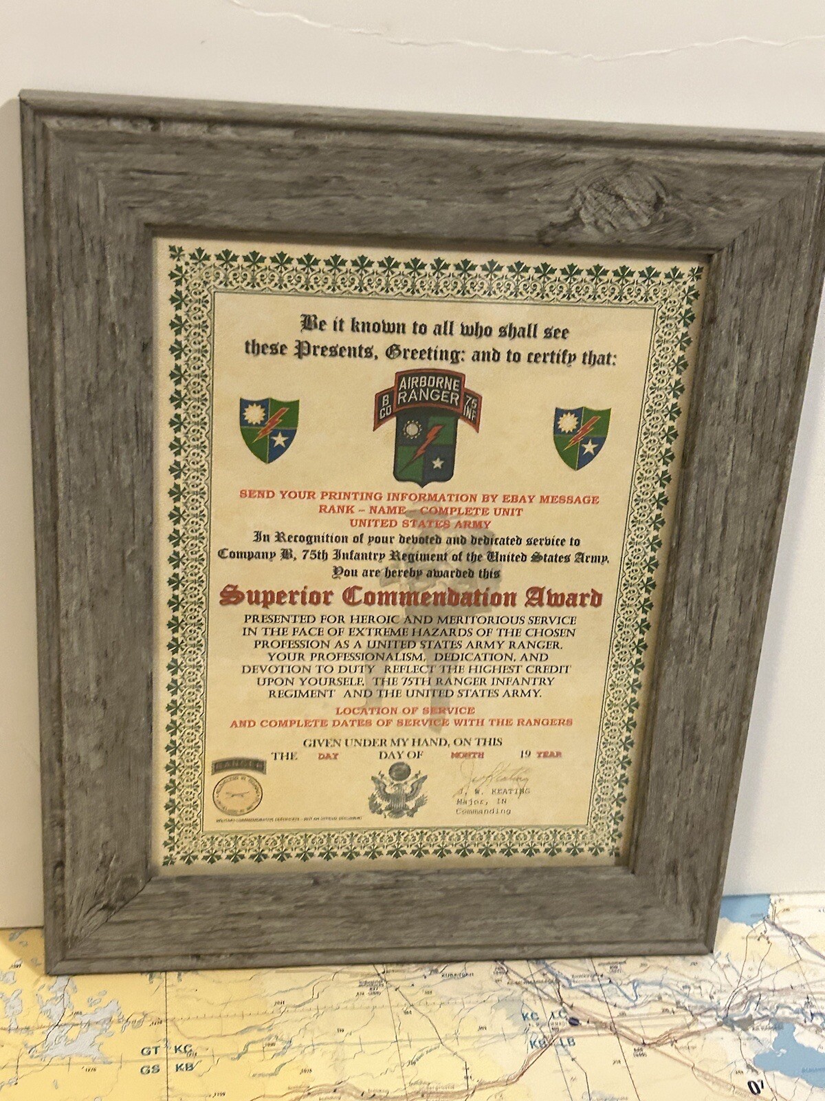 U.S. ARMY - 75TH RANGER / B CO - SUPERIOR COMMENDATION AWARD CERTIFICATE