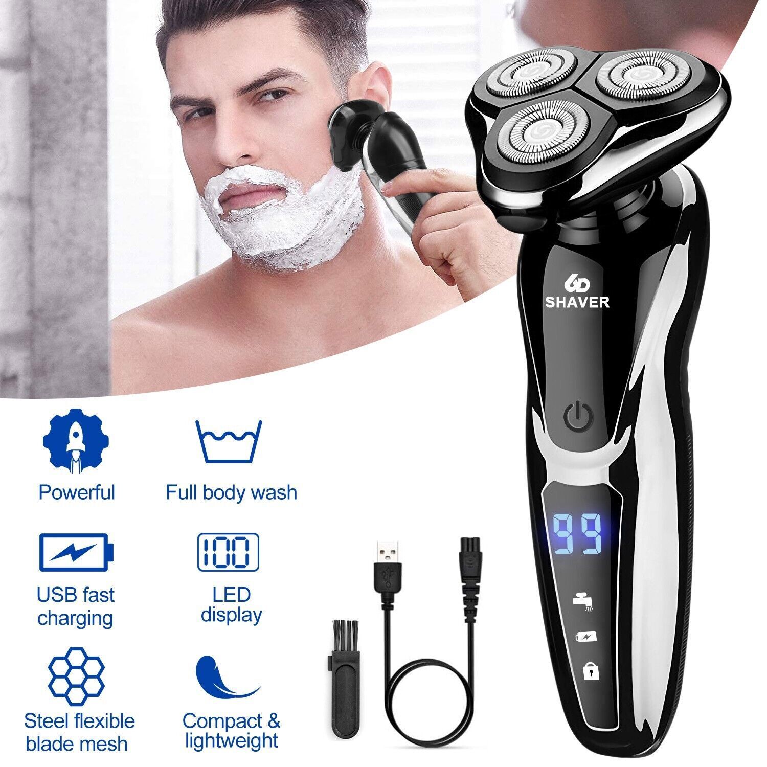 Electric Wet/Dry Razor Men USB Rechargeable Rotary Shaver Beard Trimmer Shaving