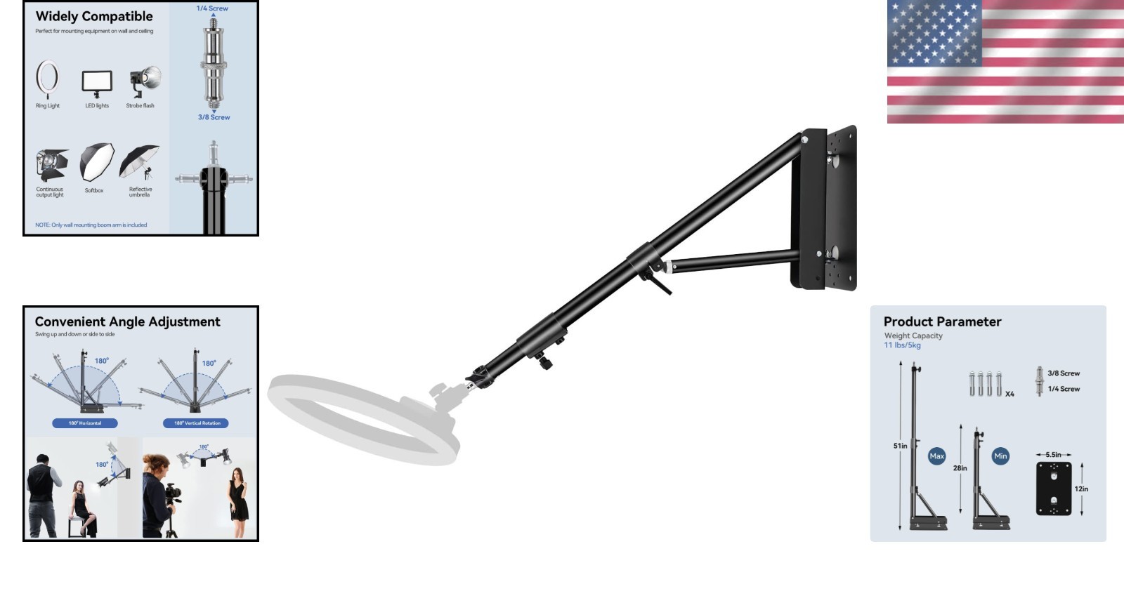4.3ft Adjustable Wall Mount Boom Arm for Studio Lighting - Versatile & Durable=