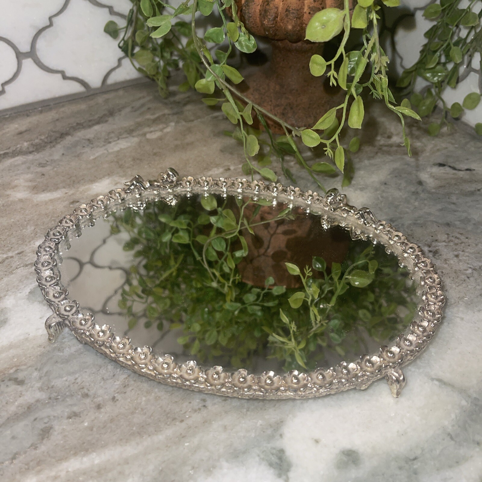 Vtg Sam Fink Vanity Tray Mirror Silver Tone Oval Cherubs Flowers Harp Feet