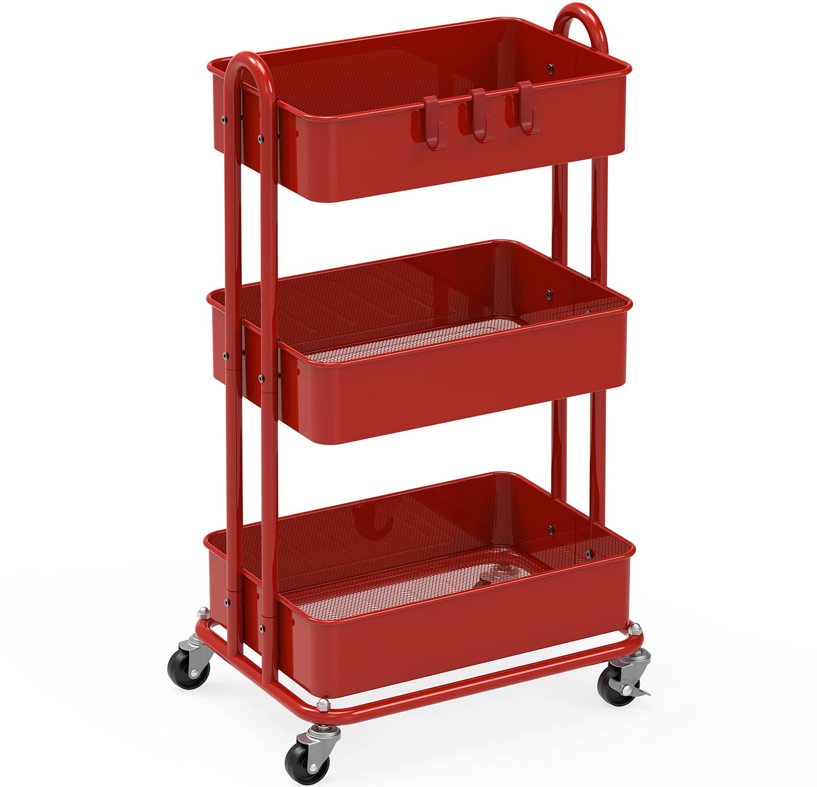 3-Tier Heavy Duty Metal Utility Rolling Cart, Red