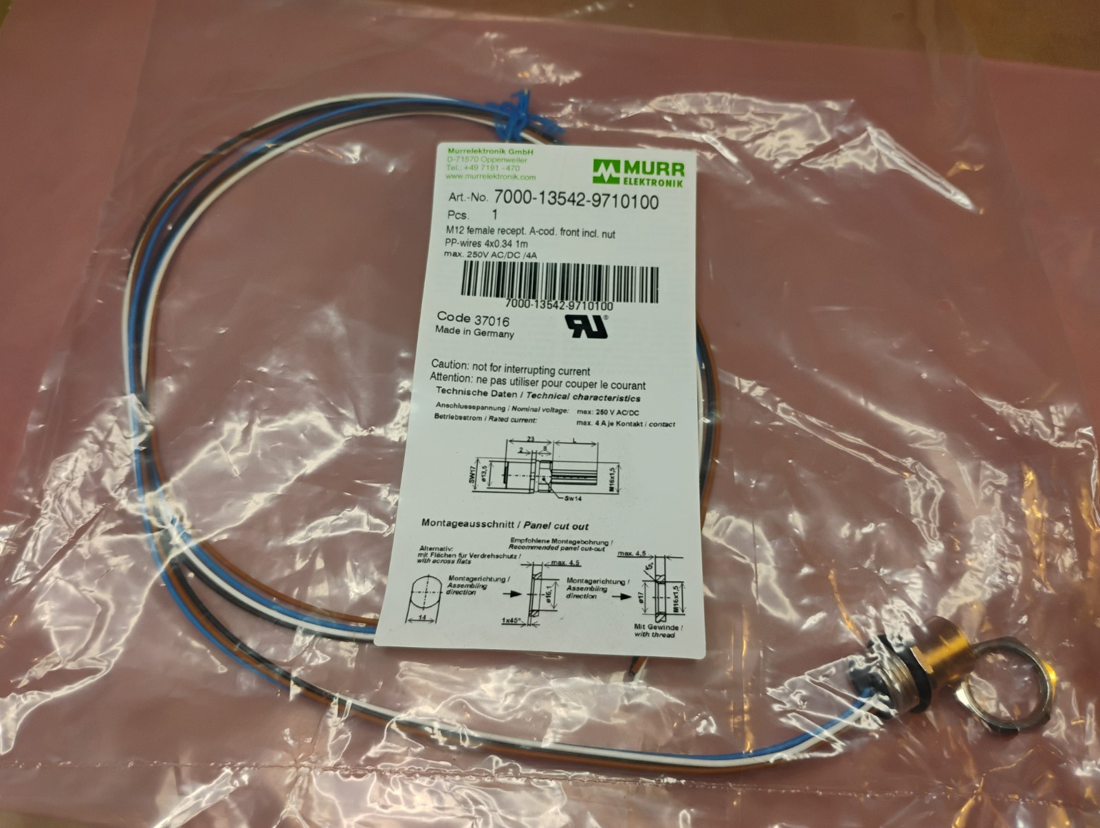 Murr Elektronik 7000-13542-9710100 M12 Female Receptacle 1M of wire