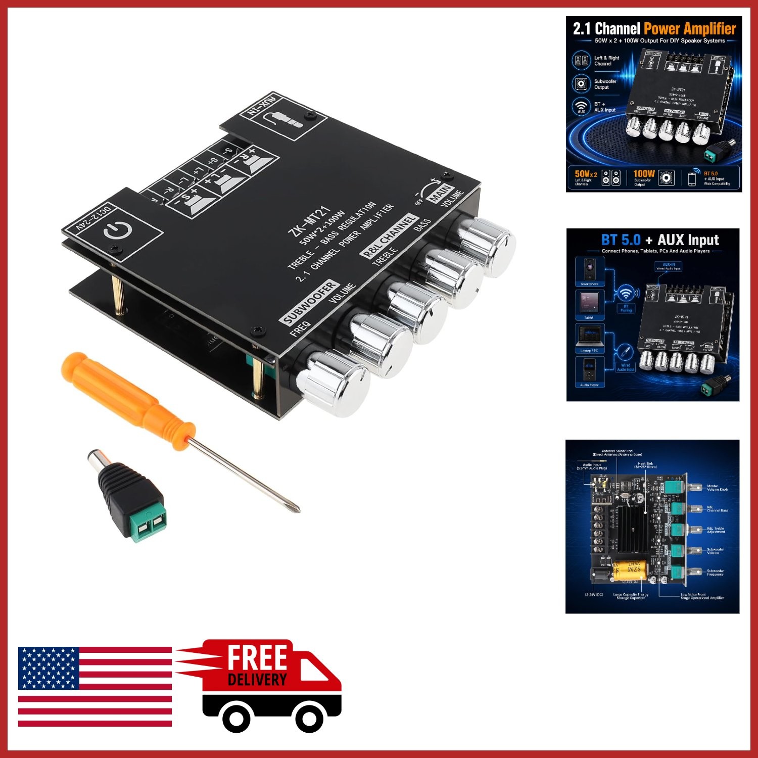 Compact Bluetooth Power Amplifier Board 2.1 Channel with Bass and Treble Control