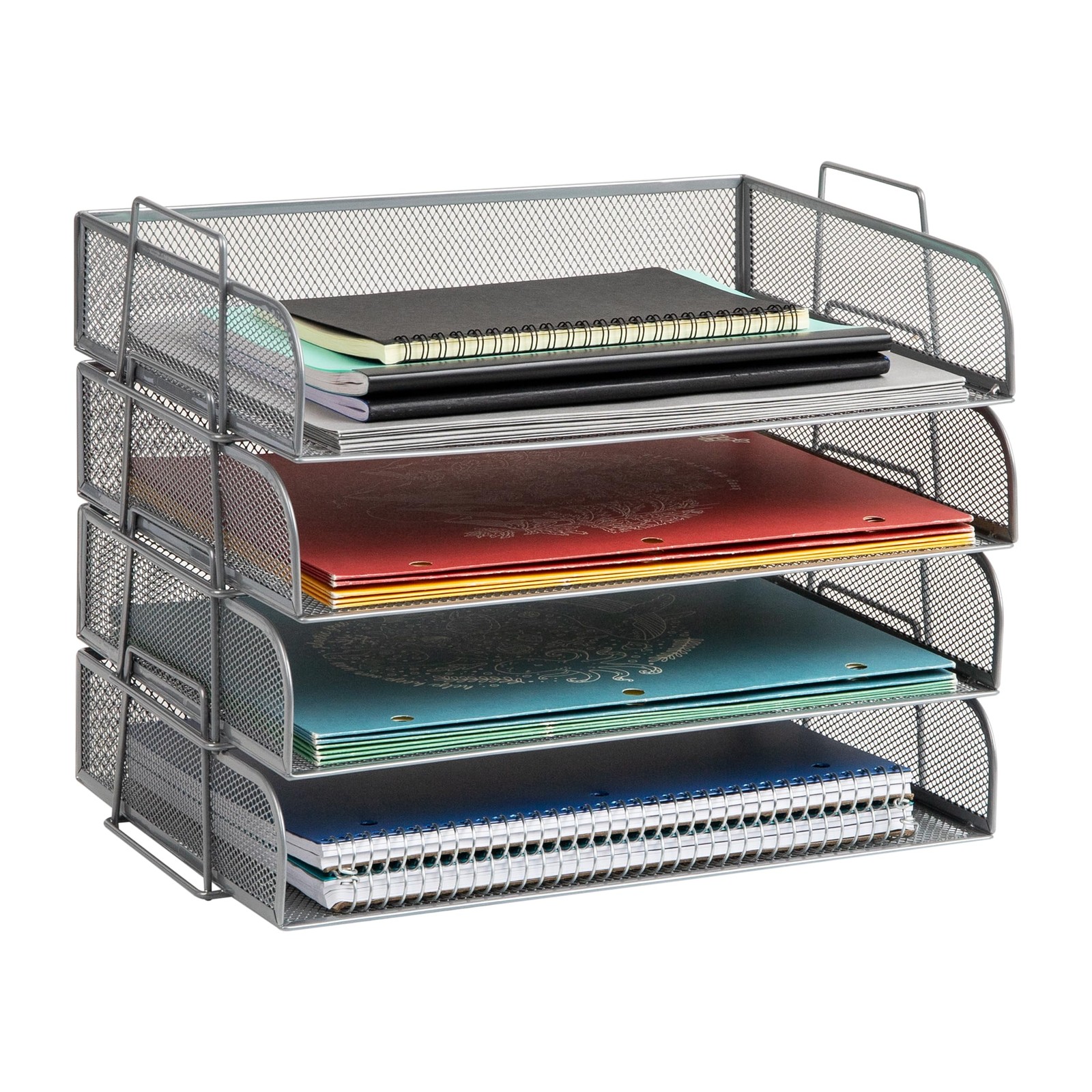 Stackable Paper Tray 4 PCS Silver Metal Mesh Desktop Organizer File Storage