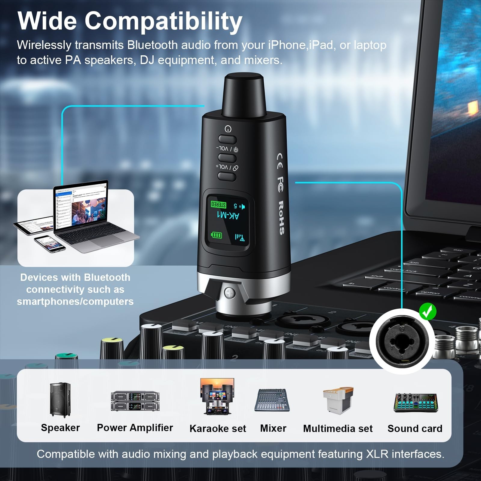High-Fidelity XLR Bluetooth Receiver - Wireless Audio Adapter, 100ft Range, Ster