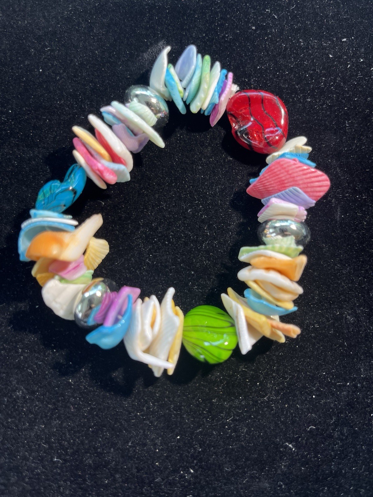 H416~ 2 Bracelets - Shell Bead & Silver Stretch & Chain Featuring Owl Charms