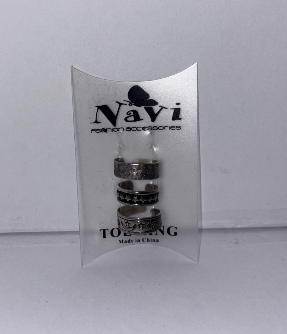 Toe Ring Set Of Three Star Designs Adjustable Silver Tone Celestial Cosmic Stars