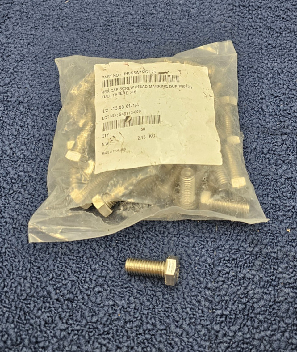 (QTY 50) HHCSSW1/2C1.25 Hex Cap Screw Head Full Thread 1/2-13 X 1-1/4 316SS