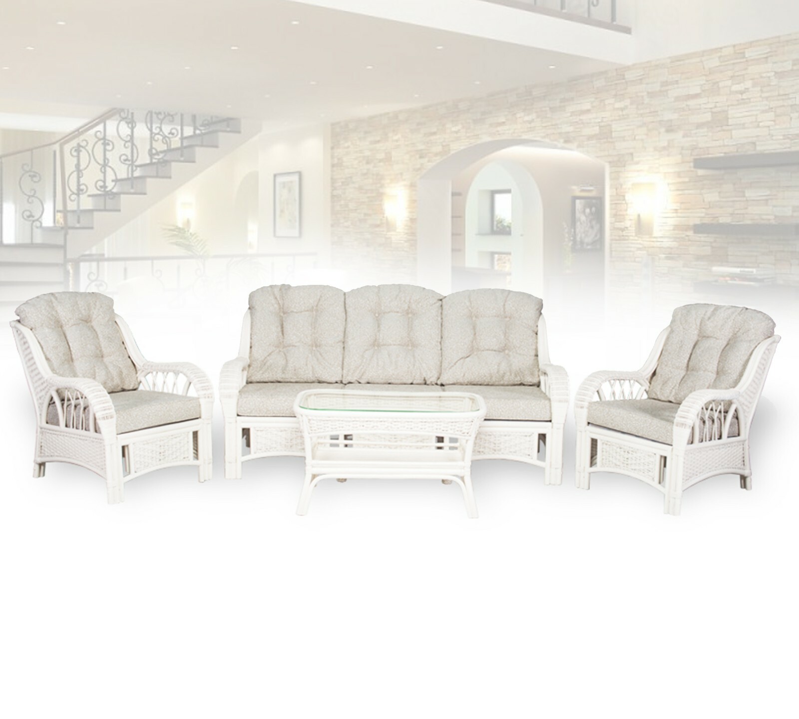 Alexa Living ThreeSeater Natural Rattan Wicker Handmade w Cushions, White