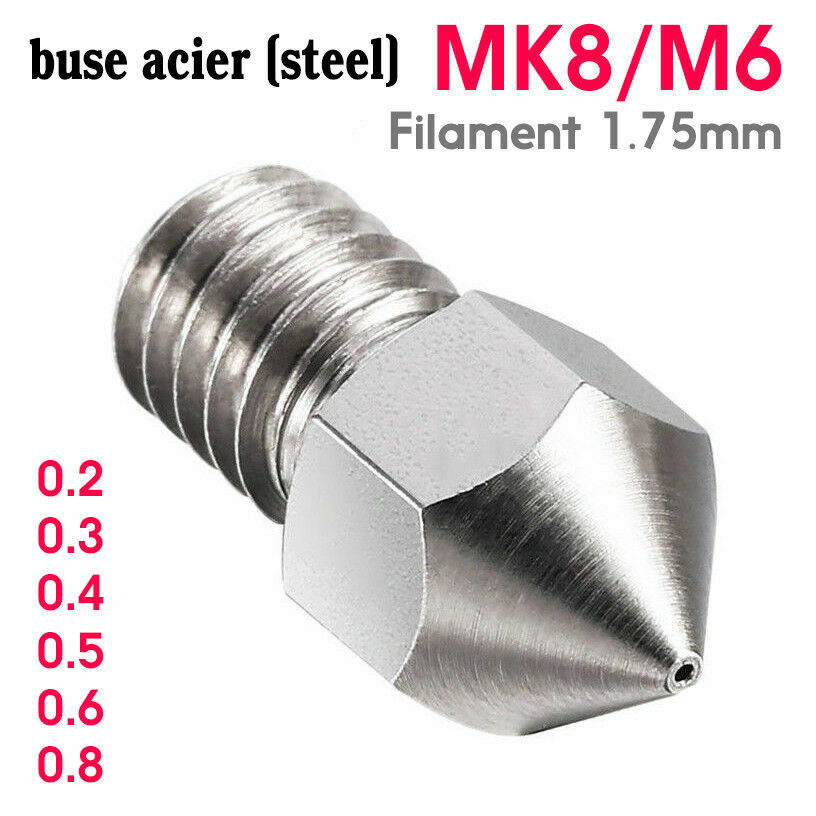 MK8 Stainless Steel Nozzle 0.2/0.3/0.4/0.5/0.6/0.8 M6 Nozzle 1.75mm for 3D Pr...