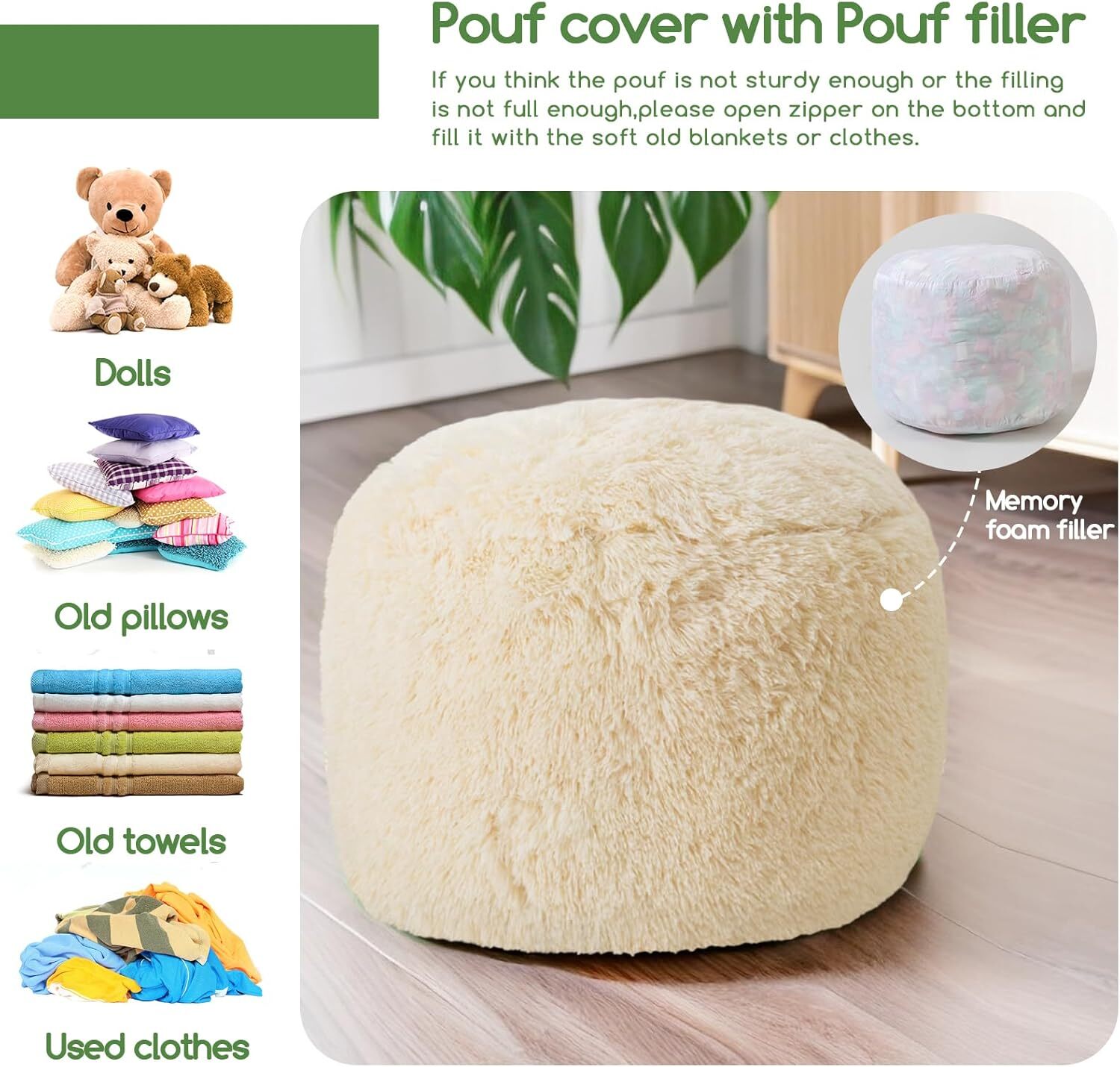 Round Padded Futon Ottoman, Fluffy Plush Futon Footstool Storage Ottoman, Beige