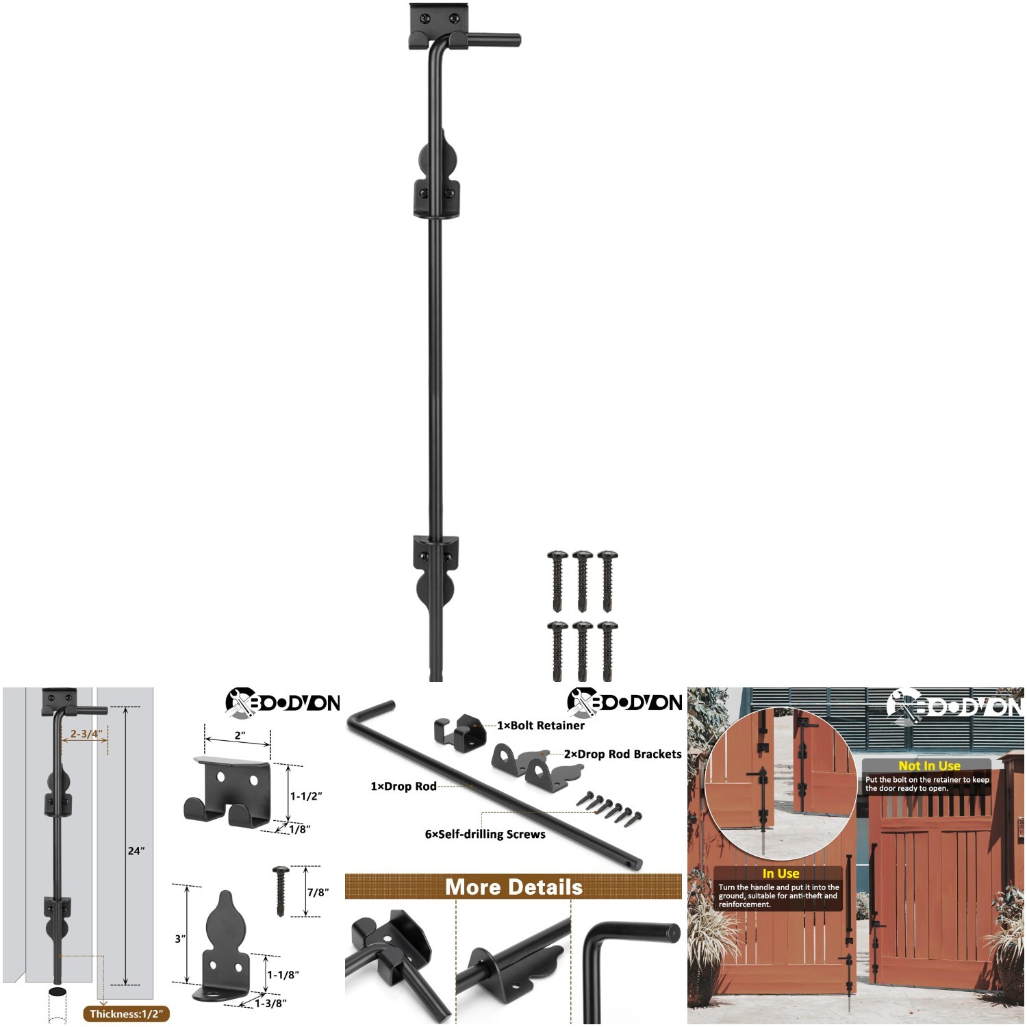 24 Inch Cane Bolt Gate Drop Rod Heavy Duty Black Finish 1 Pack