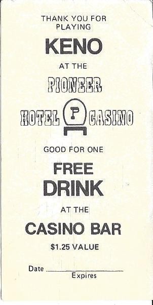 Pioneer Casino - Reno, NV - Vintage Paper Drink Coupon 1982