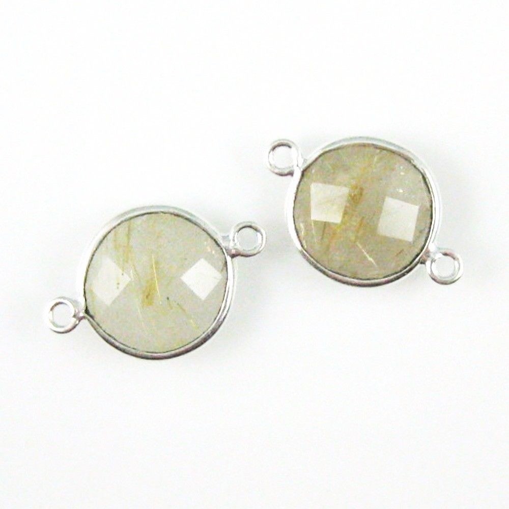 Bezel Gem Links -Sterling Silver-Faceted Coin Shape -Gold Rutilated Quartz- 2pcs