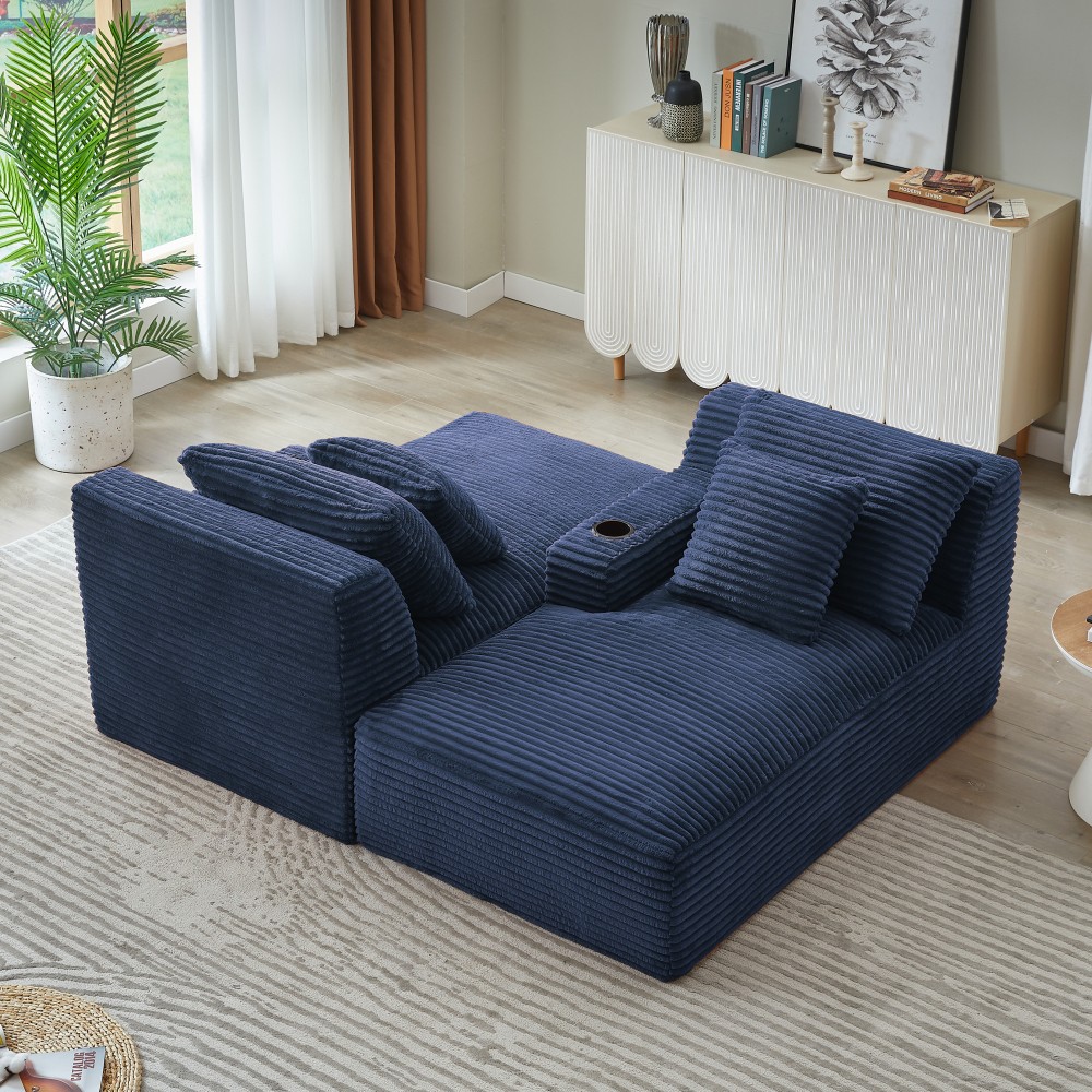 Compressible Double Chaise Sofa w/ Cupholders & Corduroy - No Assembly