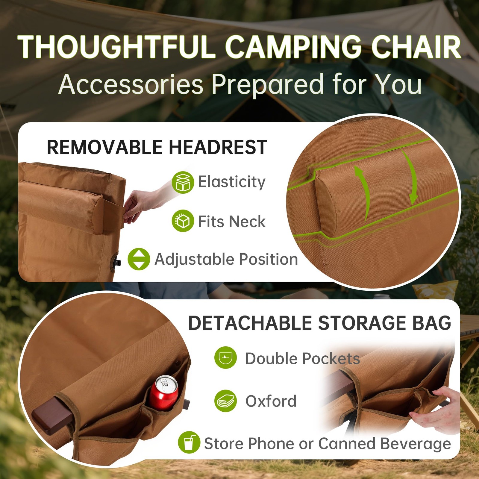 Camping Chairs for Adults-Adjustable 95°-135° Hign Back Heavy Duty Folding La...